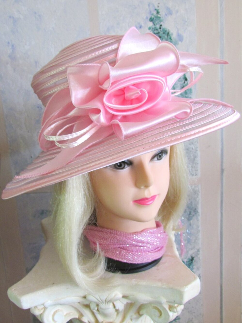 PINK HAT, WEDDING GUEST, ELABORATE EMBELLISHMENT, TEA PARTY, CHURCH, DRESSY, EUC